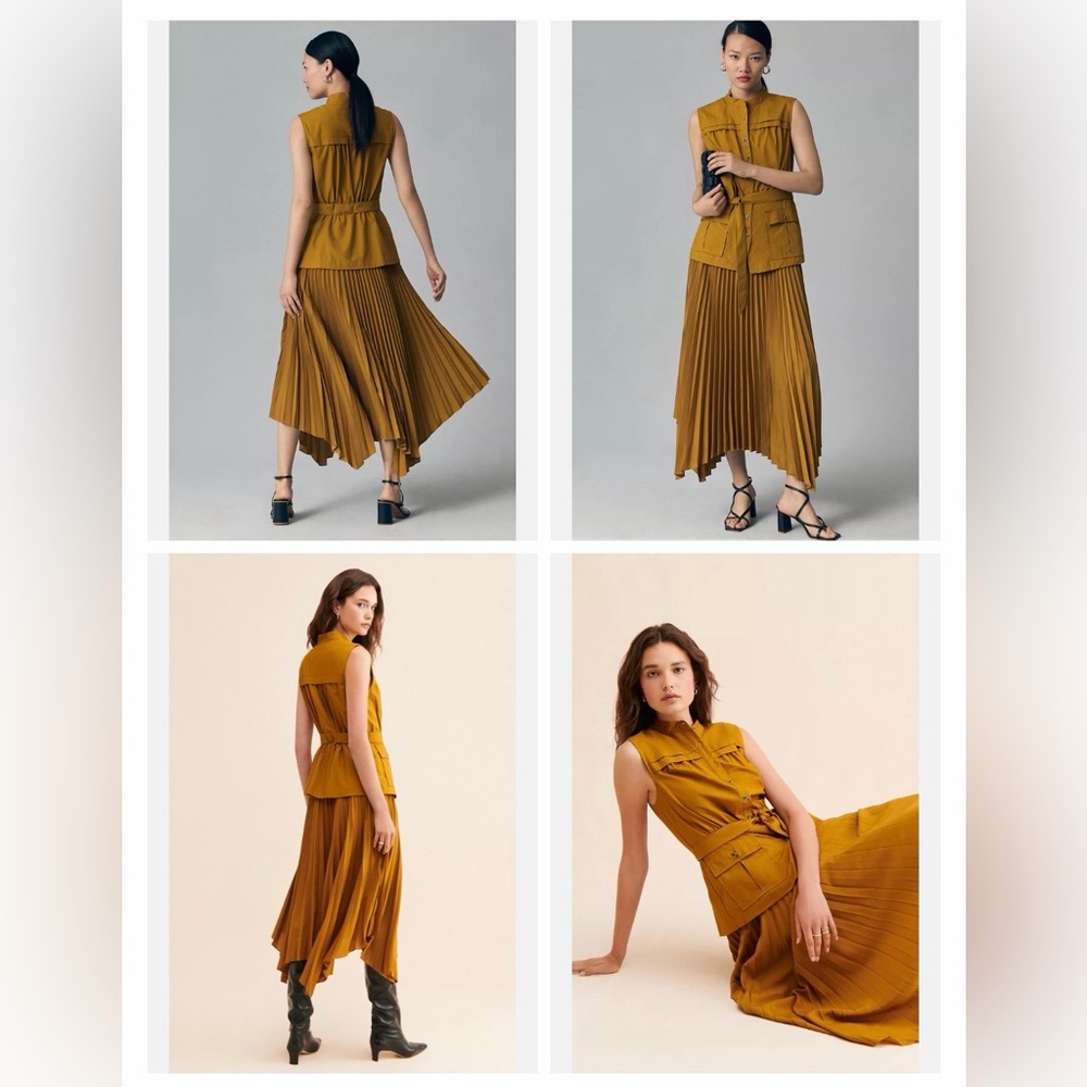Anthropologie Mustard Sleeveless Vested Pleated Midi Dress